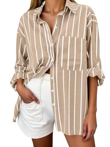 KIRUNDO Striped Button-Down Long Sleeve Shirt in Khaki