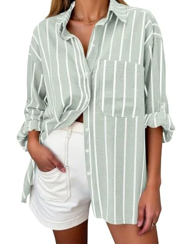 KIRUNDO Striped Button-Down Long Sleeve Shirt in Light Green