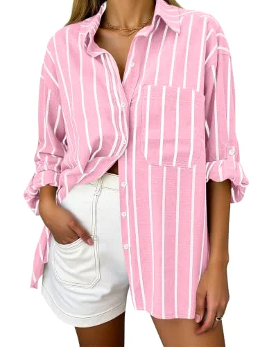 KIRUNDO Striped Button-Down Long Sleeve Shirt in Pink