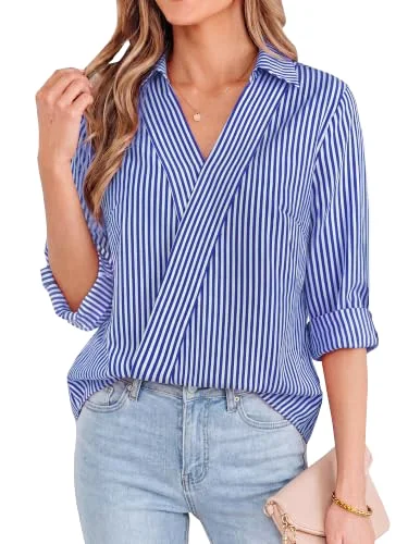 KIRUNDO Striped V-Neck Blouse in Dark Blue
