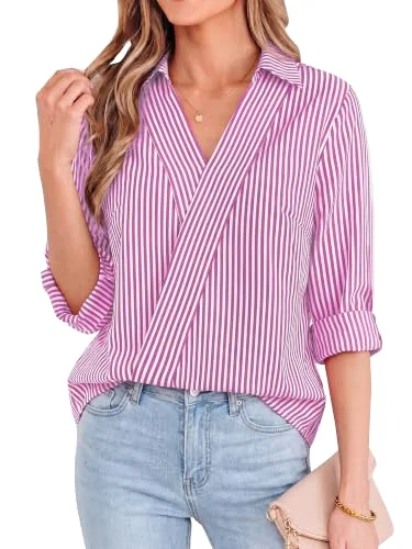 KIRUNDO Striped V-Neck Blouse in Dark Pink