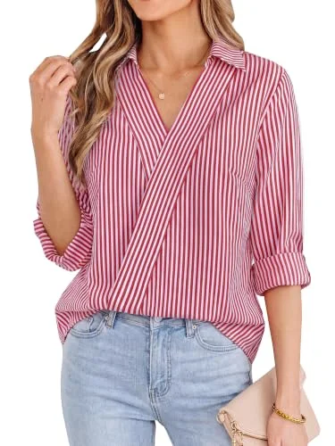 KIRUNDO Striped V-Neck Blouse in Red