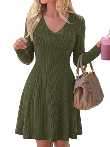 KIRUNDO Textured Knit V-Neck A-Line Dress in Army Green