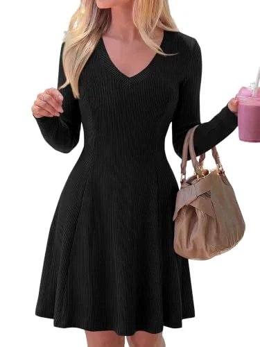 KIRUNDO Textured Knit V-Neck A-Line Dress in Black