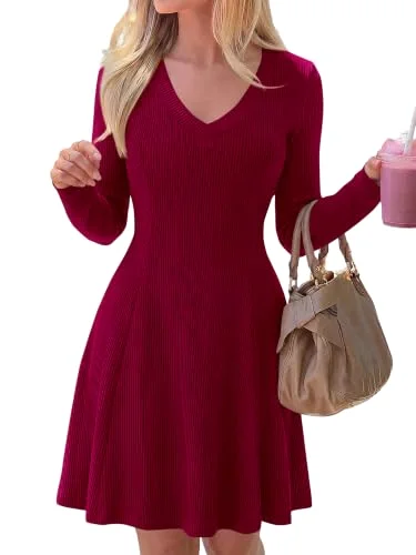 KIRUNDO Textured Knit V-Neck A-Line Dress in Burgundy