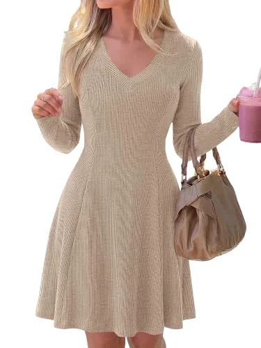 KIRUNDO Textured Knit V-Neck A-Line Dress in Khaki