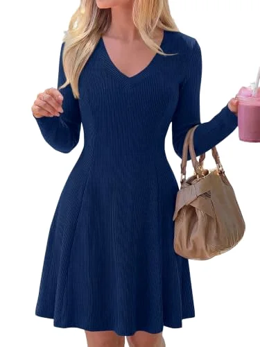 KIRUNDO Textured Knit V-Neck A-Line Dress in Navy Blue