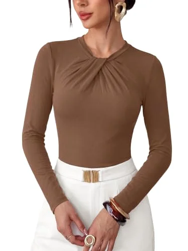 KIRUNDO Twist Front Long Sleeve Blouse in Brown