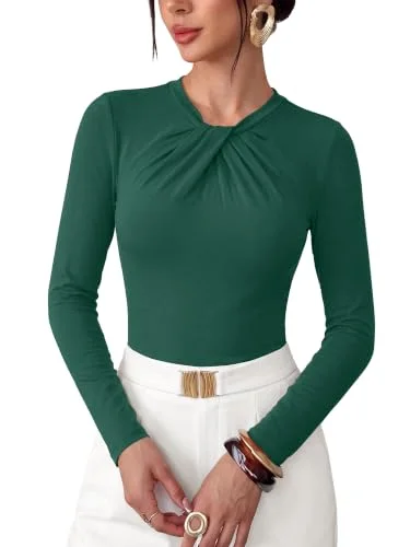 KIRUNDO Twist Front Long Sleeve Blouse in Dark Green