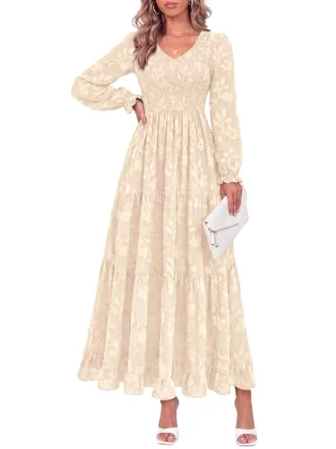 KIRUNDO V-Neck Long Sleeve Maxi Dress in Beige