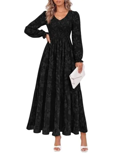 KIRUNDO V-Neck Long Sleeve Maxi Dress in Black
