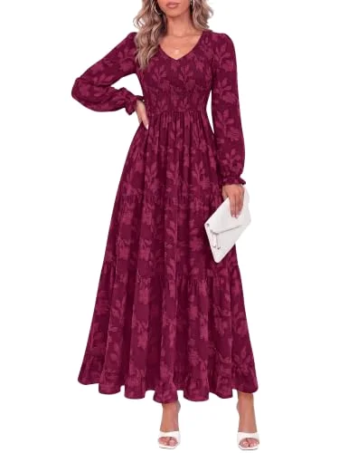 KIRUNDO V-Neck Long Sleeve Maxi Dress in Burgundy