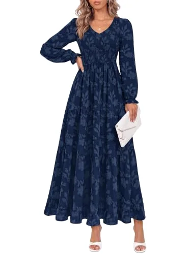 KIRUNDO V-Neck Long Sleeve Maxi Dress in Navy Blue