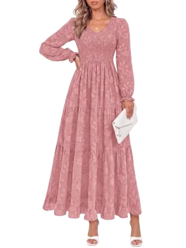 KIRUNDO V-Neck Long Sleeve Maxi Dress in Pink
