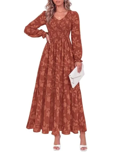 KIRUNDO V-Neck Long Sleeve Maxi Dress in Rust Red