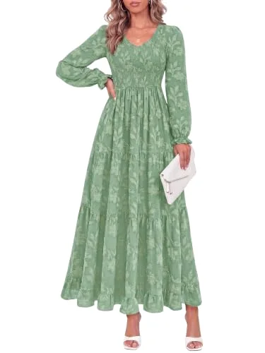 KIRUNDO V-Neck Long Sleeve Maxi Dress in Sage Green