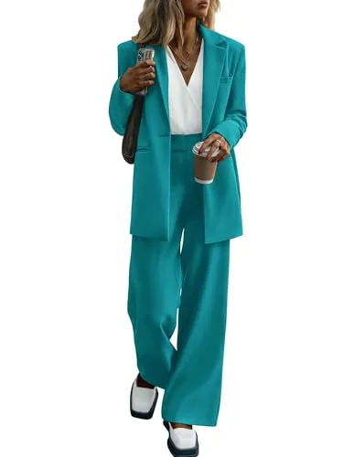 KIRUNDO Wide Leg Pant Suit Set in Blue Green