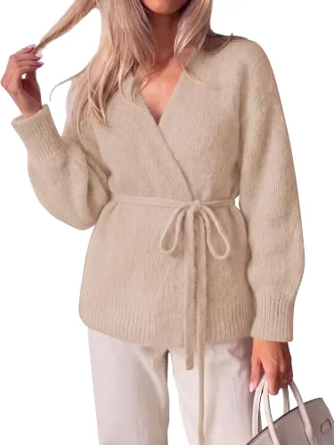 KIRUNDO Wrap V-Neck Cardigan in Apricot