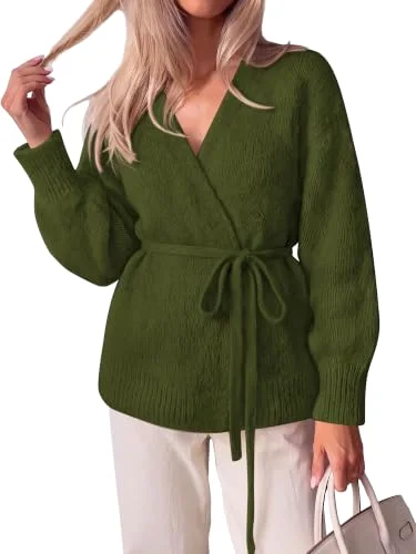 KIRUNDO Wrap V-Neck Cardigan in Army Green