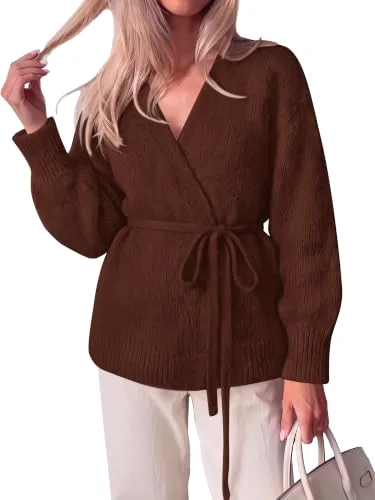 KIRUNDO Wrap V-Neck Cardigan in Brown