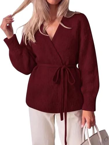 KIRUNDO Wrap V-Neck Cardigan in Burgundy