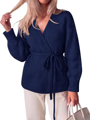 KIRUNDO Wrap V-Neck Cardigan in Dark Blue