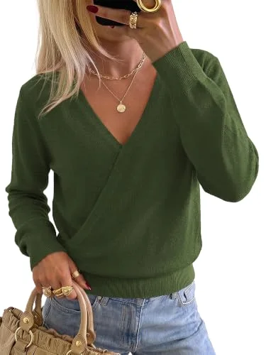 KIRUNDO Wrap V-Neck Long Sleeve Sweater in Army Green