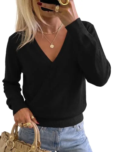 KIRUNDO Wrap V-Neck Long Sleeve Sweater in Black