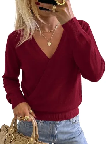 KIRUNDO Wrap V-Neck Long Sleeve Sweater in Burgundy