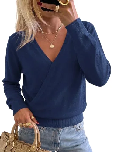 KIRUNDO Wrap V-Neck Long Sleeve Sweater in Navy Blue