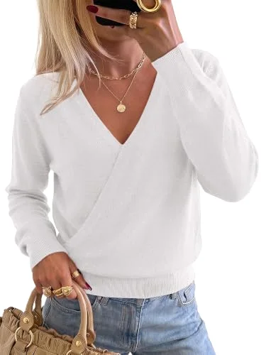 KIRUNDO Wrap V-Neck Long Sleeve Sweater in White