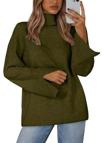 KIRUNDO Ribbed Turtleneck Long Sleeve Sweater in Army Green