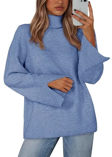 KIRUNDO Ribbed Turtleneck Long Sleeve Sweater in Blue