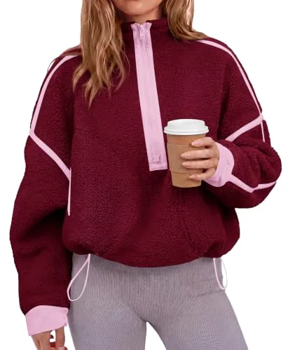 KIRUNDO Sherpa Fleece Half-Zip Sweatshirt in Burgundy