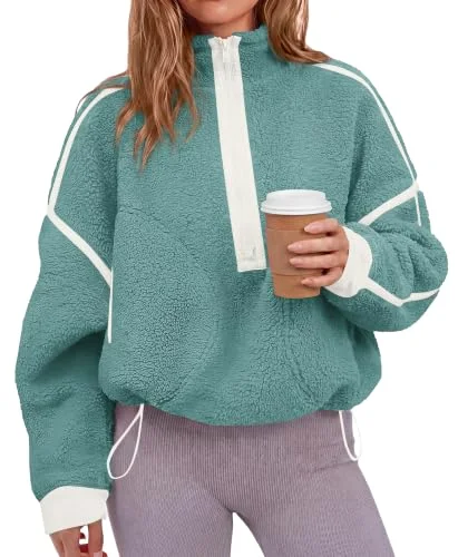 KIRUNDO Sherpa Fleece Half-Zip Sweatshirt in Sage Green