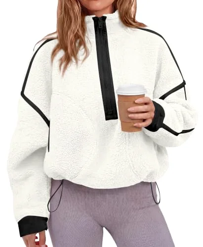 KIRUNDO Sherpa Fleece Half-Zip Sweatshirt in White Black