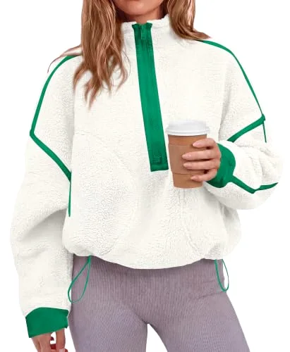 KIRUNDO Sherpa Fleece Half-Zip Sweatshirt in White Green