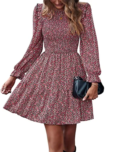 KIRUNDO Smocked Floral Ruffle Mini Dress in Wine Red