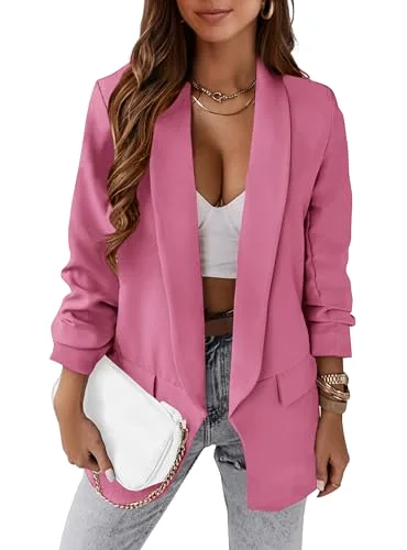 KIRUNDO Ruched Sleeve Oversized Blazer in Light Rose Red