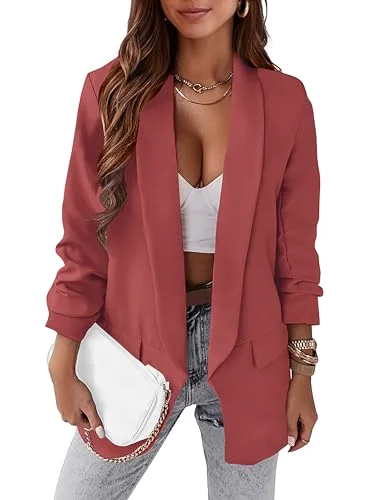 KIRUNDO Ruched Sleeve Oversized Blazer in Rust Red
