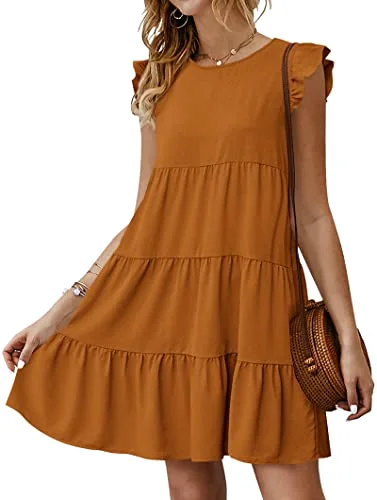KIRUNDO Tiered Flutter Sleeve Babydoll Dress in Brown