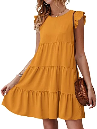 KIRUNDO Tiered Flutter Sleeve Babydoll Dress in Dark Yellow