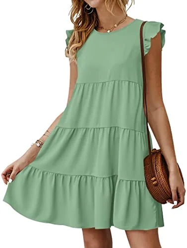 KIRUNDO Tiered Flutter Sleeve Babydoll Dress in Green