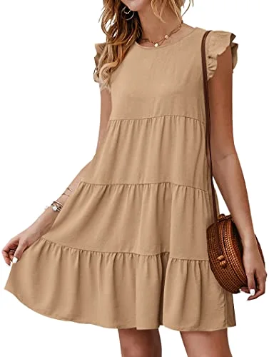 KIRUNDO Tiered Flutter Sleeve Babydoll Dress in Khaki