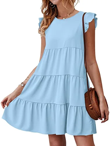 KIRUNDO Tiered Flutter Sleeve Babydoll Dress in Light Blue