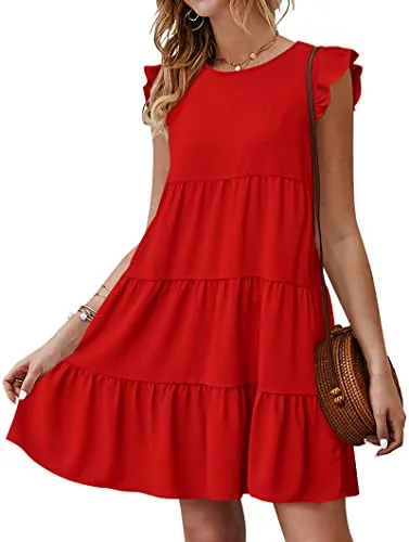 KIRUNDO Tiered Flutter Sleeve Babydoll Dress in Red