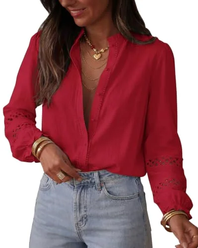 KIRUNDO Eyelet Button-Down Long Sleeve Shirt in Dark Red