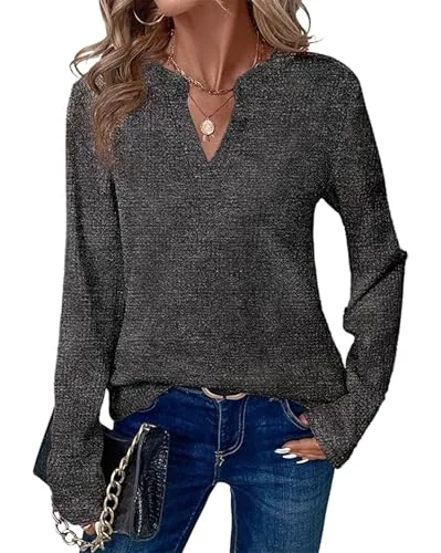 KIRUNDO Waffle Knit V-Neck Long Sleeve Blouse in Dark Grey