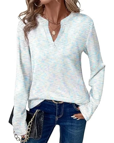 KIRUNDO Waffle Knit V-Neck Long Sleeve Blouse in White