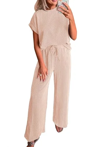 KIRUNDO Textured Tee and Pant Lounge Set in Apricot